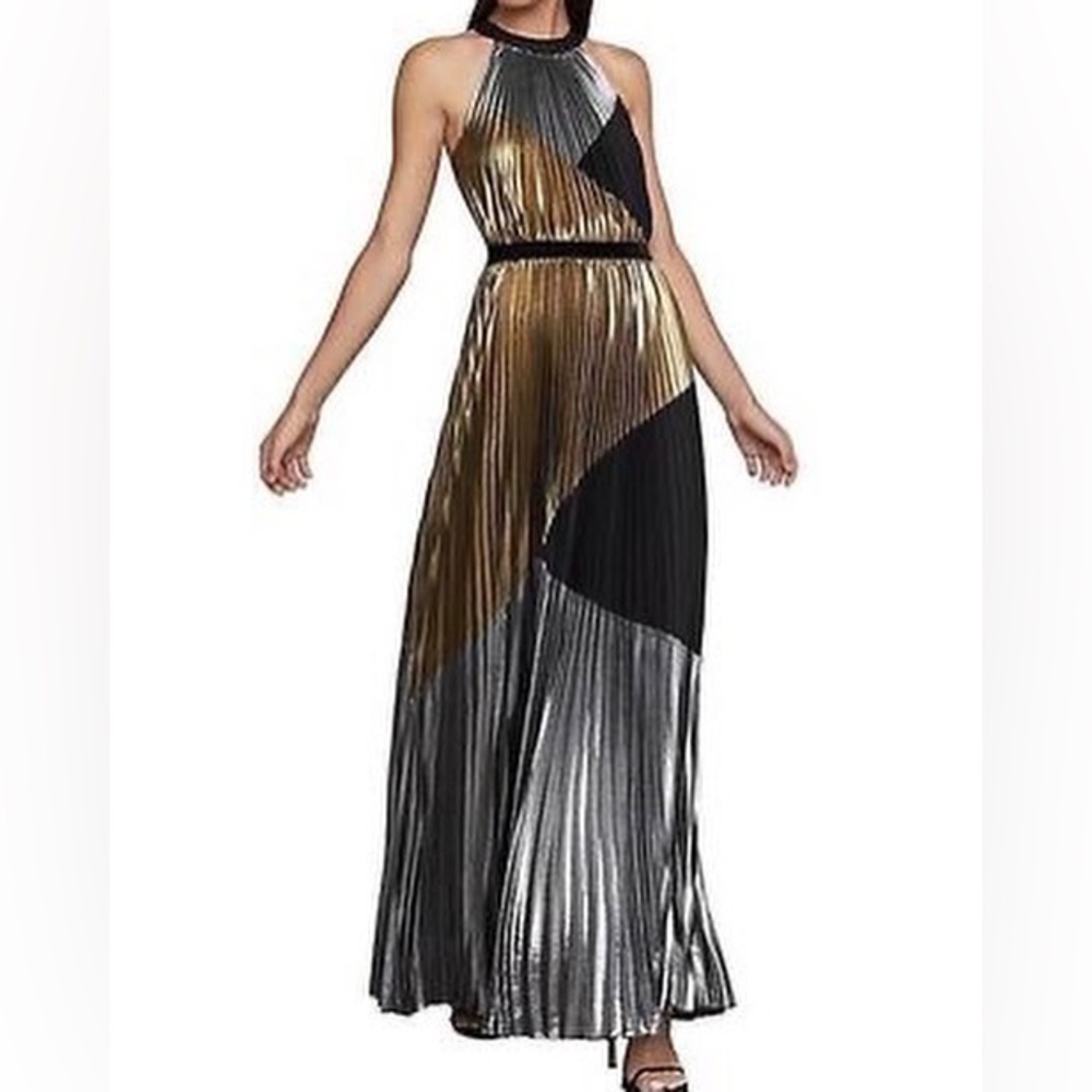 BCBG metallic pleated gown